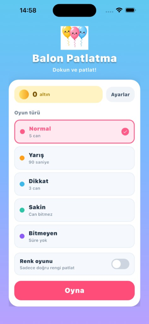Balon Patlatma ana menü