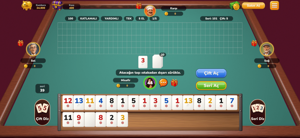 101 Kral Okey Online masa ekranı